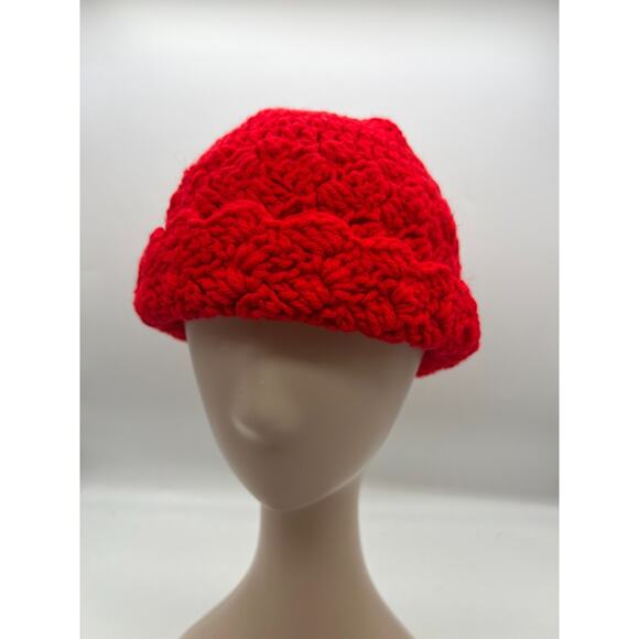 Red crochet knit woven hat beanie cap scallop edge colorful Small Womens - Picture 2 of 6